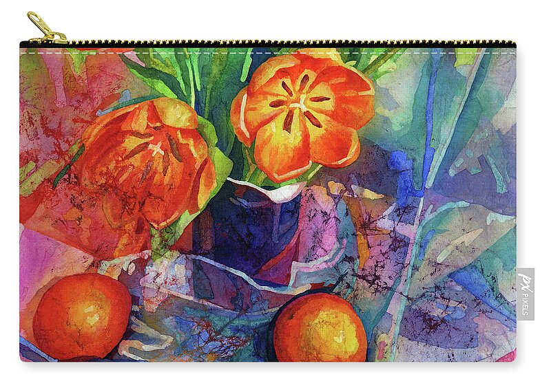 Tulip Zip Pouch featuring the painting Still Life in Orange - Blue Vase by Hailey E Herrera