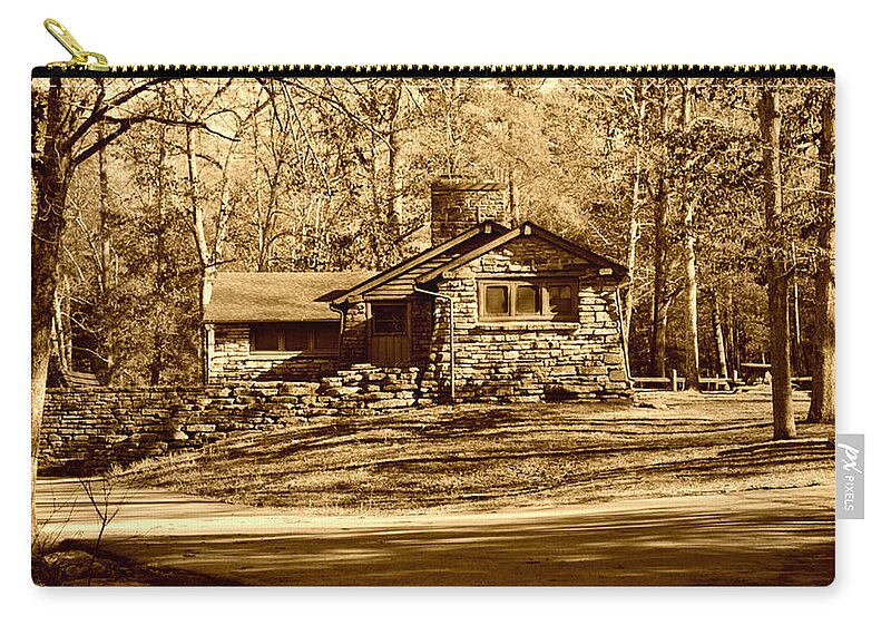 Stone Cabin Carry-all Pouch featuring the photograph Stone cabin in the Woods Sepia by Stacie Siemsen