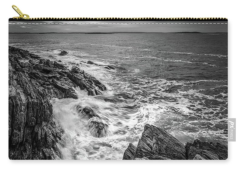 Bailey Island Zip Pouch featuring the photograph Stormy Dawn at Giant's Stairs in Black and White by Kristen Wilkinson