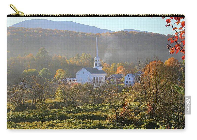 Stowe Vermont Church In Autumn Zip Pouch featuring the photograph Stowe Vermont Church In Autumn by Dan Sproul