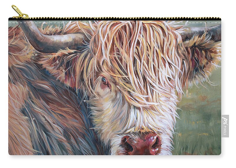 Cow Zip Pouch featuring the painting Stray Hair - Highland Cow Painting by Annie Troe