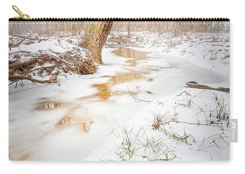 Snow Day Zip Pouch featuring the photograph Stream Almost Frozen by Jordan Hill