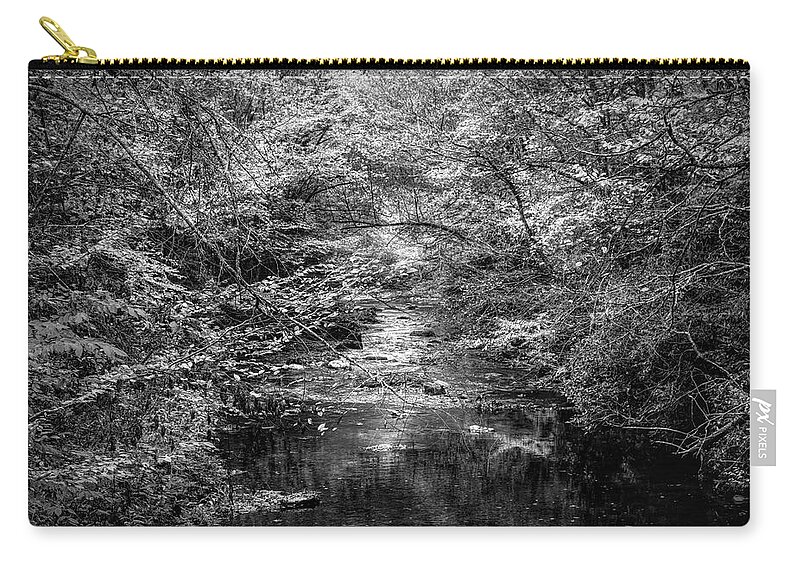 Stream Zip Pouch featuring the photograph Stream in the Smoky Mountains Autumn Black and White by Debra and Dave Vanderlaan