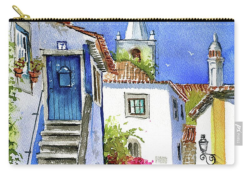 Portugal Zip Pouch featuring the painting Streets of Obidos - Portugal by Dora Hathazi Mendes