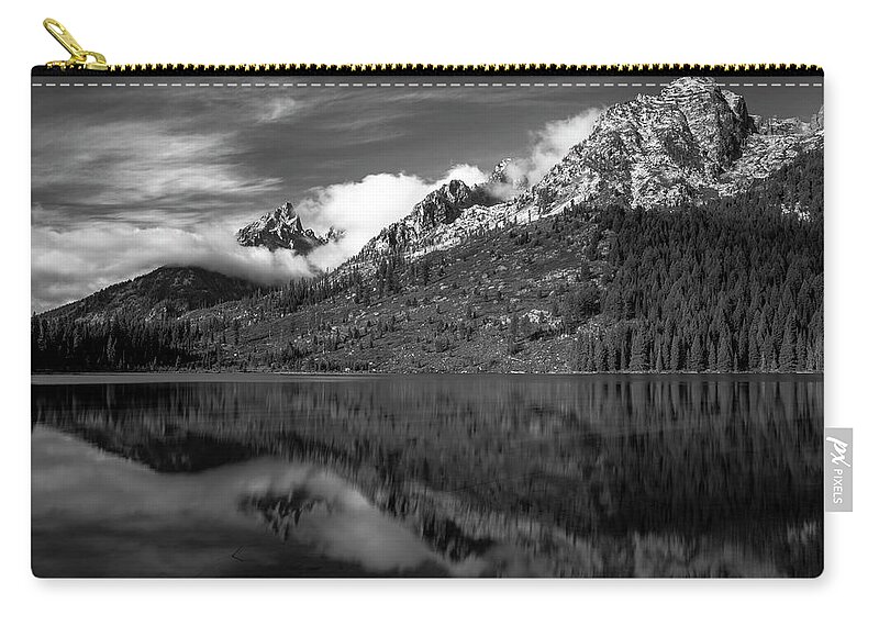 Reflections On String Lake Zip Pouch featuring the photograph String Lake Black And White Reflection by Dan Sproul