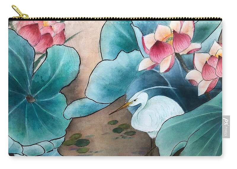 Lotus Zip Pouch featuring the painting Strolling in the Lotus Pond by Vina Yang