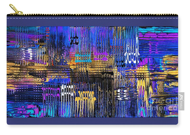 Colorful Dramatic Textural Flowing Blues Blue-hues Purple Gold Yellow Geometric Zip Pouch featuring the painting Sublime Abstracted Plaid 6923 by Priscilla Batzell Expressionist Art Studio Gallery