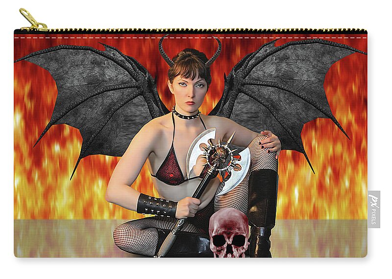 Succubus Zip Pouch featuring the photograph Succubus With Ax and Skull by Jon Volden