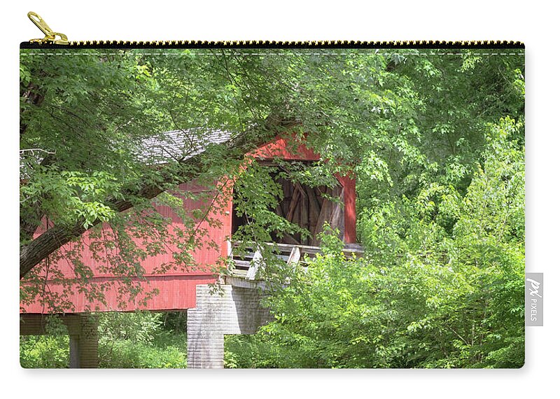 Sugar Creek Covered Bridge Zip Pouch featuring the photograph Sugar Creek Covered Bridge - Down on the Sugar Creek by Susan Rissi Tregoning