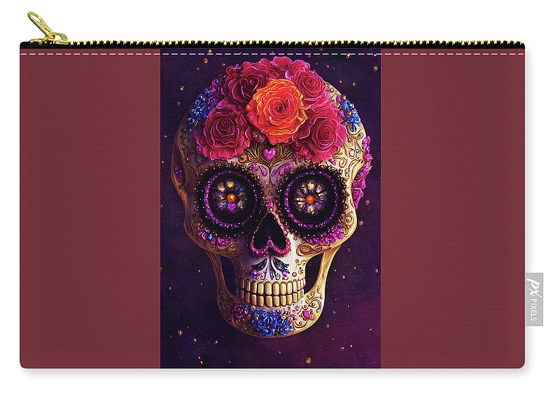 Sugar Skulls Zip Pouch featuring the digital art Sugar Skull - Purple Background by Peggy Collins
