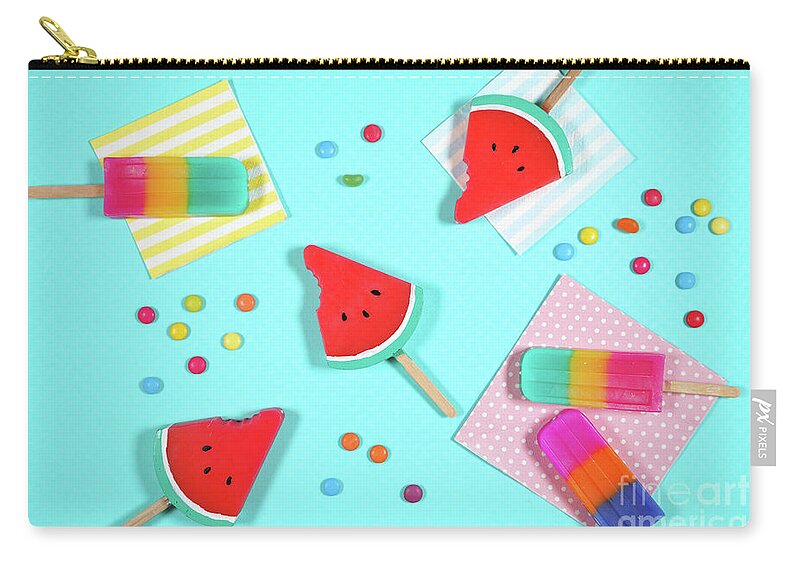 Summer Zip Pouch featuring the photograph Summer beach vacation theme flatlay styled with watermelon and ice creams by Milleflore Images