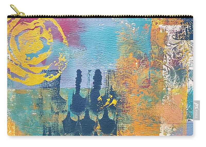 Summer Zip Pouch featuring the mixed media Summer Heat by the Ocean Abstract Mixed Media Painting Print Acrylic Navy Blue Yellow Green by Joanne Herrmann