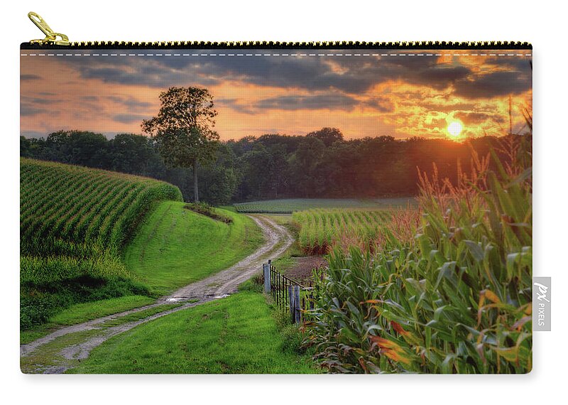 Corn Sunset Path Tree Country Scenic Landscape Clouds Rural Agriculture Wisconsin Countryside Trees Golden Green Carry-all Pouch featuring the photograph Summer Serenity by Peter Herman