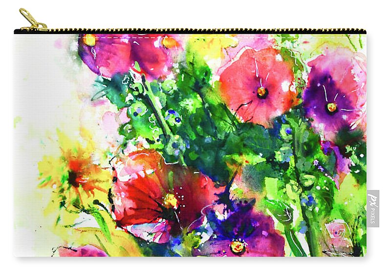 Hollyhocks Zip Pouch featuring the painting Summer With The Hollyhocks by Cheryl Prather