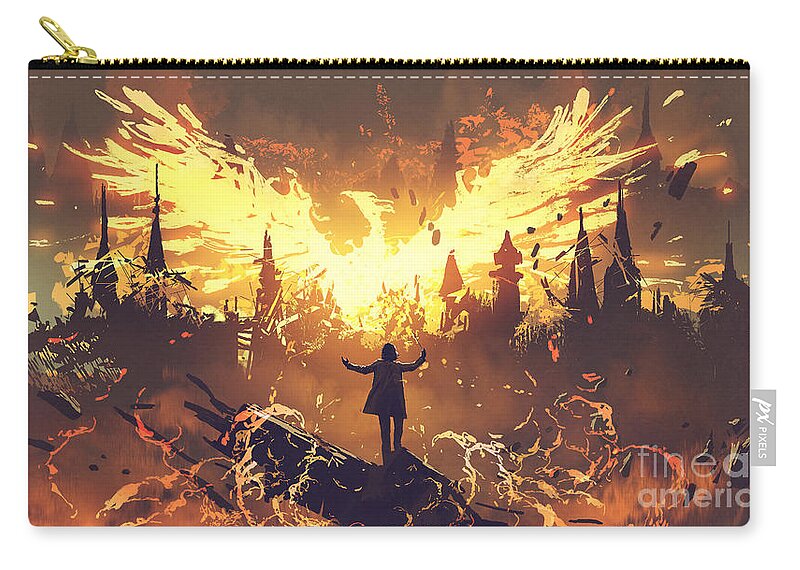 Illustration Zip Pouch featuring the painting Summoning The Phoenix by Tithi Luadthong