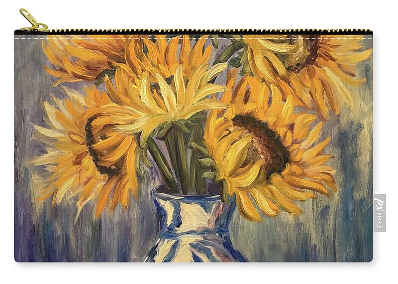 Oil Painting Zip Pouch featuring the painting Sunflower Bouquet by Sherrell Rodgers