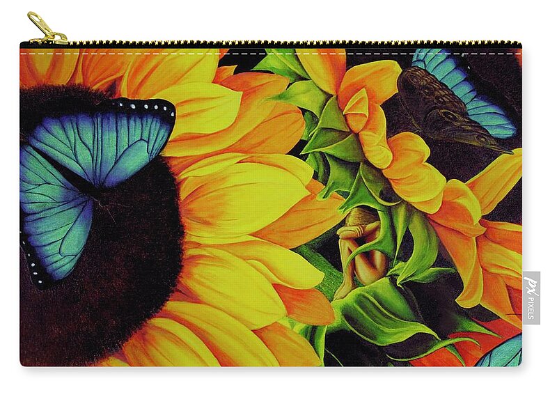 Kim Mcclinton Carry-all Pouch featuring the painting Blue Morpho Sunflower Dream by Kim McClinton
