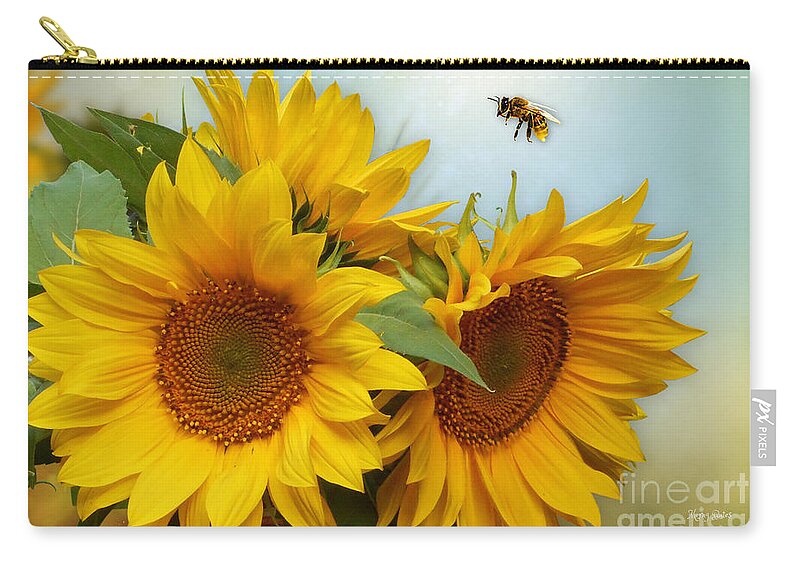 Sunflowers Zip Pouch featuring the digital art Sunflowers and Bumble Bee by Morag Bates