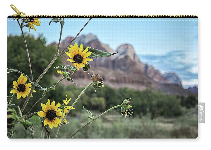 Zion National Park Zip Pouch featuring the photograph Sunflowers at Sunrise by Rebecca Herranen
