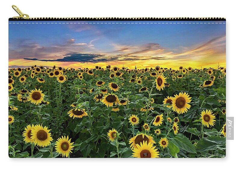 Sunflowers Zip Pouch featuring the photograph Sunflowers at Sunset -Panorama by Harold Rau