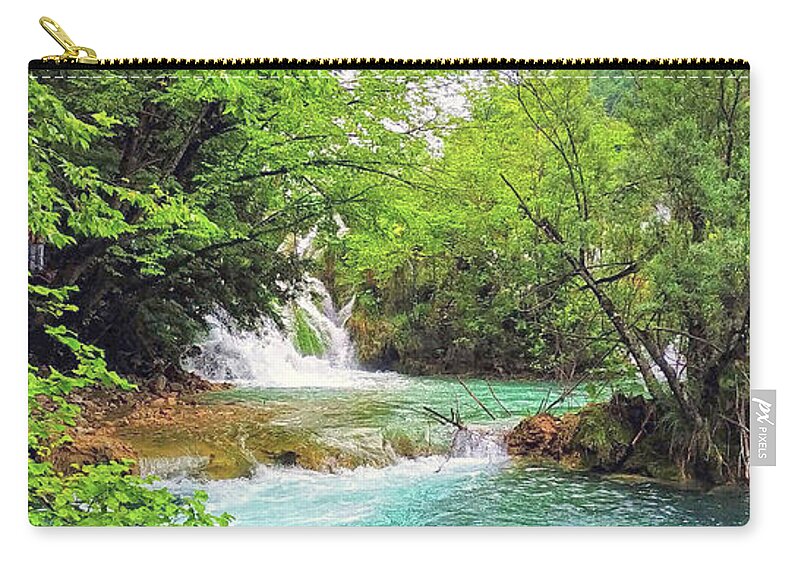 Waterfall Zip Pouch featuring the photograph Sunny Day at the Forest Waterfall by Alex Mir