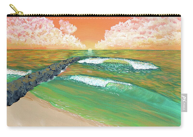 Sunrise Zip Pouch featuring the painting Sunrise at the Jetty by Jenn C Lindquist