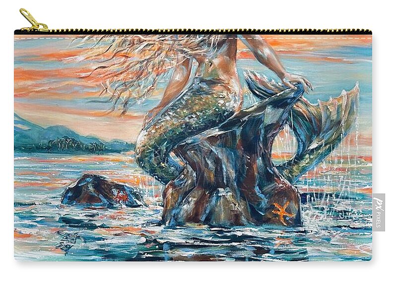 Mermaid Zip Pouch featuring the painting Sunrise Mermaid by Linda Olsen