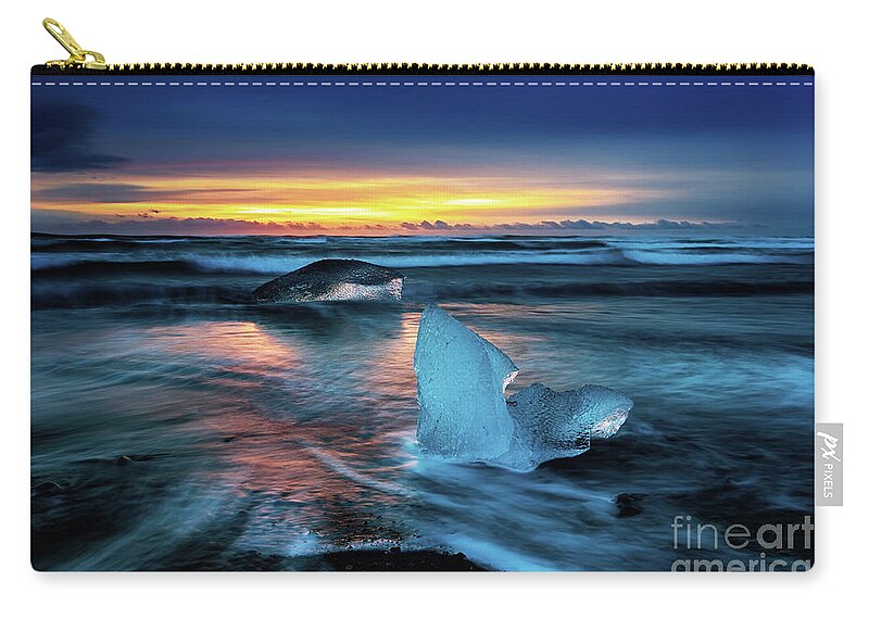 Beach Zip Pouch featuring the photograph Sunrise on Diamond Beach, Southeast Iceland. by Jane Rix