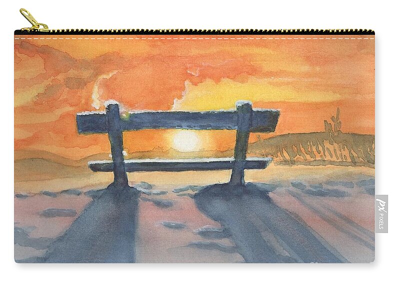 Sunrise Zip Pouch featuring the painting Sunrise on Snowy Bench by Vicki B Littell