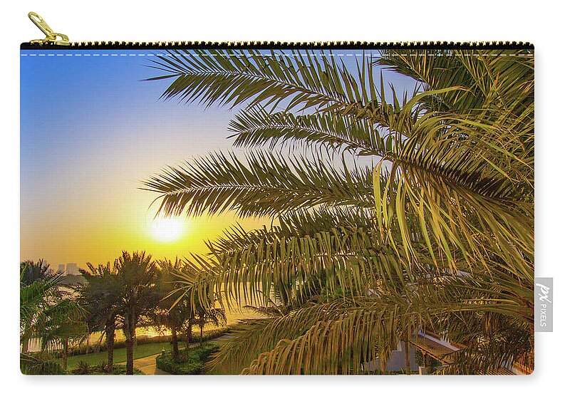 Dubai Zip Pouch featuring the photograph Sunset and Palm Tree by SR Green