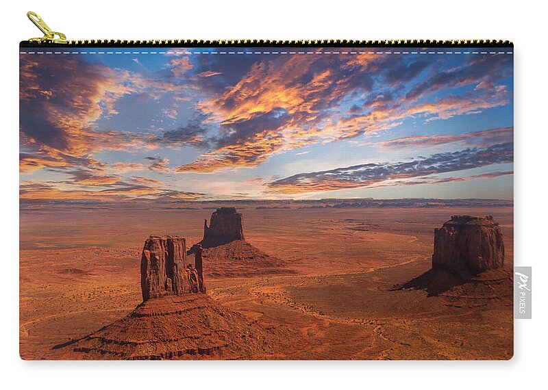 Fstop101 Rock Formations Red Orange Monument Valley Utah Landscape Sunset Sky Zip Pouch featuring the photograph Sunset at Monument Valley by Gene Lee