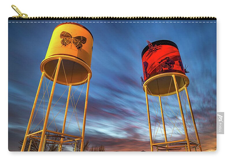 America Zip Pouch featuring the photograph Sunset At The Railyard Park Water Towers - Rogers Arkansas by Gregory Ballos