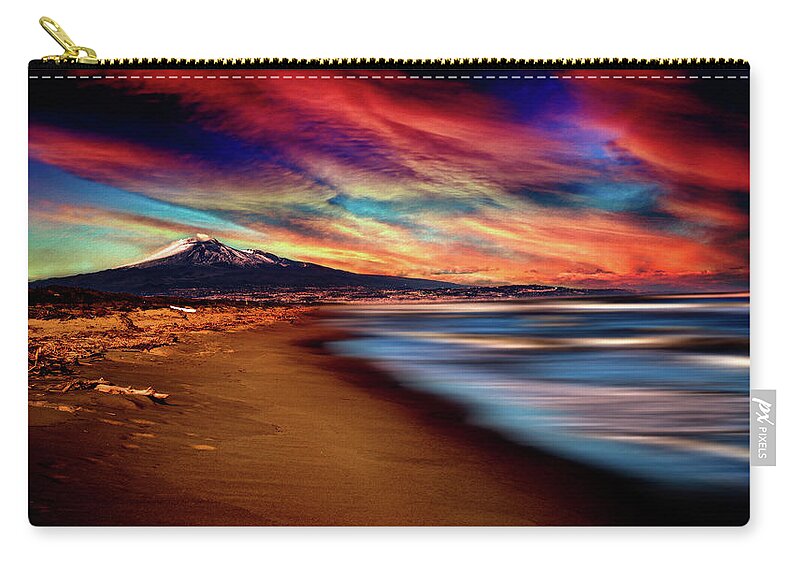 Sea Zip Pouch featuring the photograph Sunset beach under the volcano by Al Fio Bonina