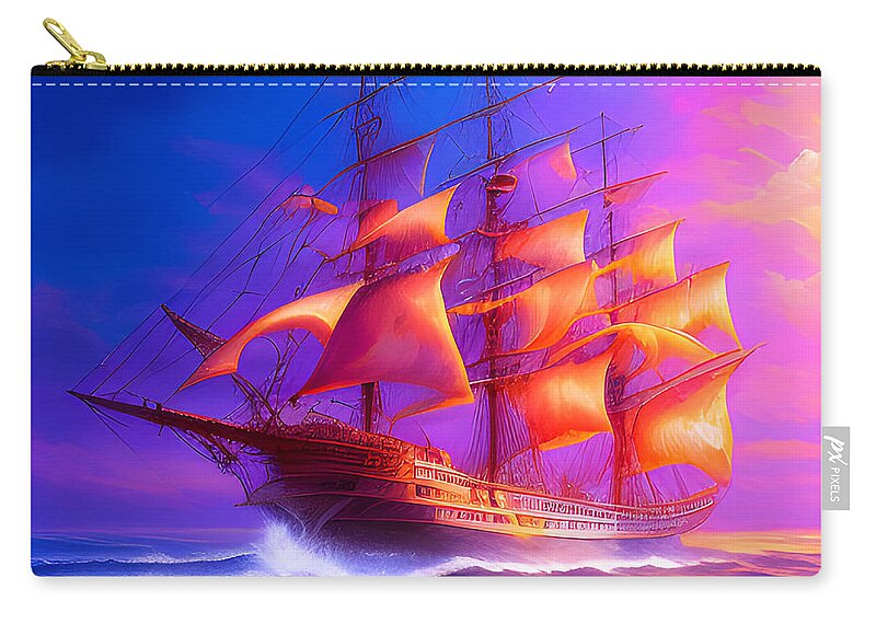 Ghost Ship Zip Pouch featuring the digital art Sunset Ghost Ship by Lisa Pearlman