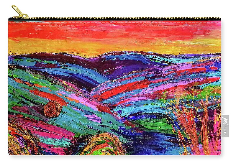 Colorful Zip Pouch featuring the painting Sunset Hay Bales by Kiki Curtis