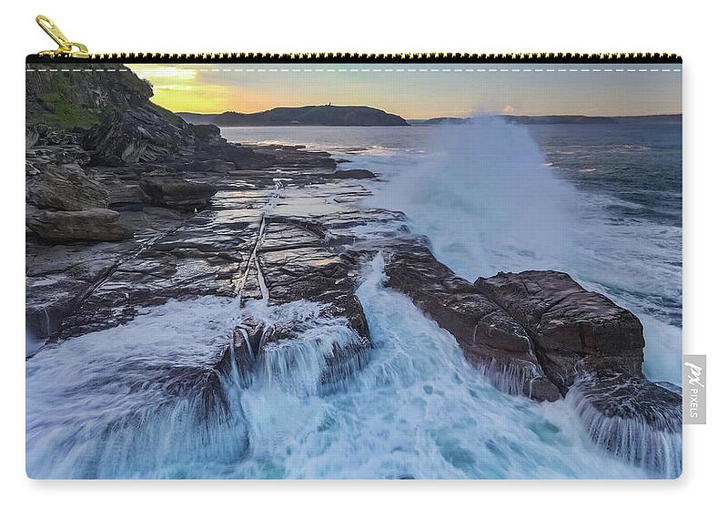 Beach; Sea; Blue; Beautiful; Nature Background; Seascape; Water; Landscape; Rocks; Cliffs; Rock Pool; Tourism; Travel; Summer; Holidays; Sea; Surf; Palm Beach Carry-all Pouch featuring the photograph Sunset Near Palm Beach No 5 by Andre Petrov