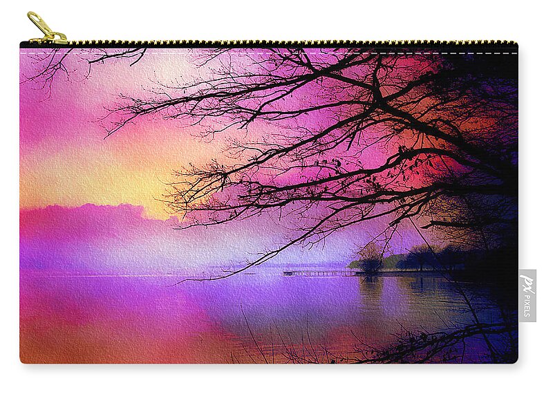 Sunset Carry-all Pouch featuring the mixed media Sunset on the lake by Tatiana Travelways