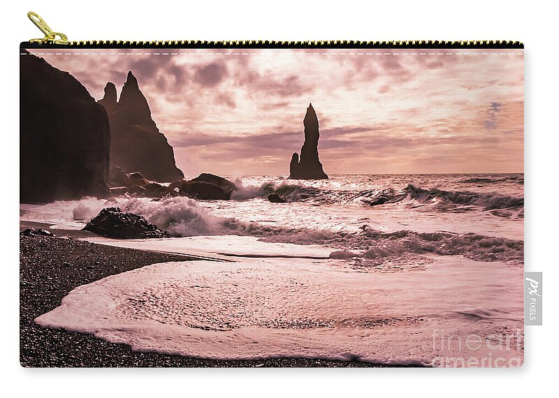 Reynisfjara Zip Pouch featuring the photograph Sunset on the Reynisfjara black sand beach, Iceland by Lyl Dil Creations