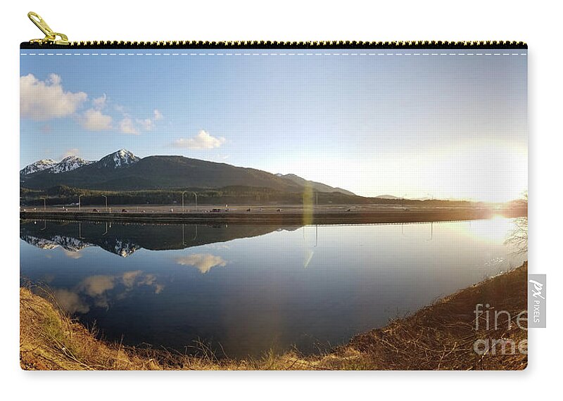 #alaska #juneau #ak #cruise #tours #vacation #peaceful #reflection #twinlakes #douglas #capitalcity #clearskies #postcard #evening #dusk #sunset #panorama #egandrive #sunset Zip Pouch featuring the photograph Sunset on Twin Lakes by Charles Vice