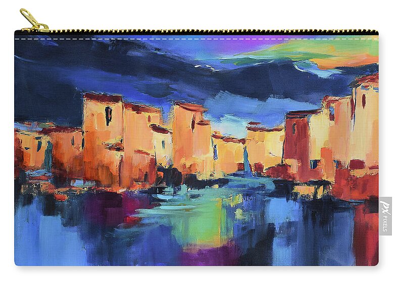 Cinque Terre Zip Pouch featuring the painting Sunset Over the Village by Elise Palmigiani