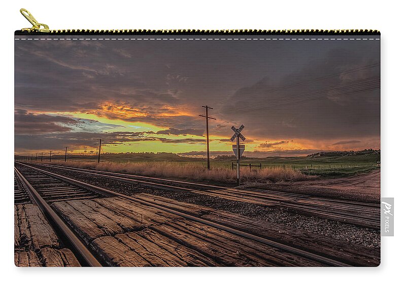 Sunset Zip Pouch featuring the photograph Sunset Road and Tracks by Laura Hedien