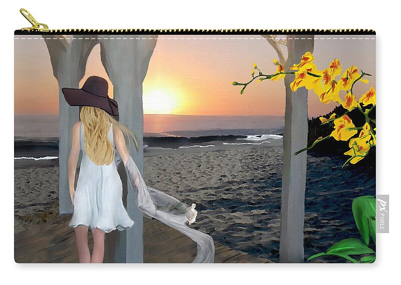 Sunset Beach Sand Gazebo White Dress Flowing Whimsical Gazebo Zip Pouch featuring the mixed media Sunset Romance  by Lorie Fossa