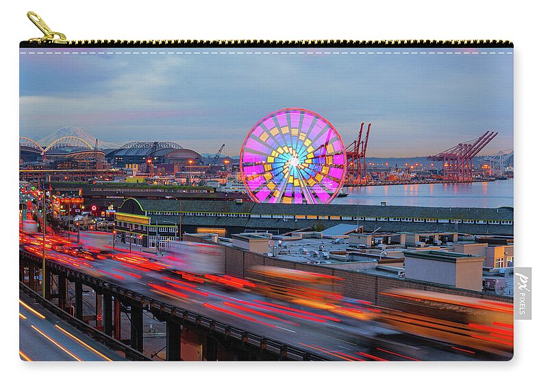 Outdoor; Iconic; Viaduct; Waterfront; Seattle; Sunset; Port Seattle; Mt Rainier; Stadiums; Zip Pouch featuring the digital art Sunset Seattle Waterfront by Michael Lee