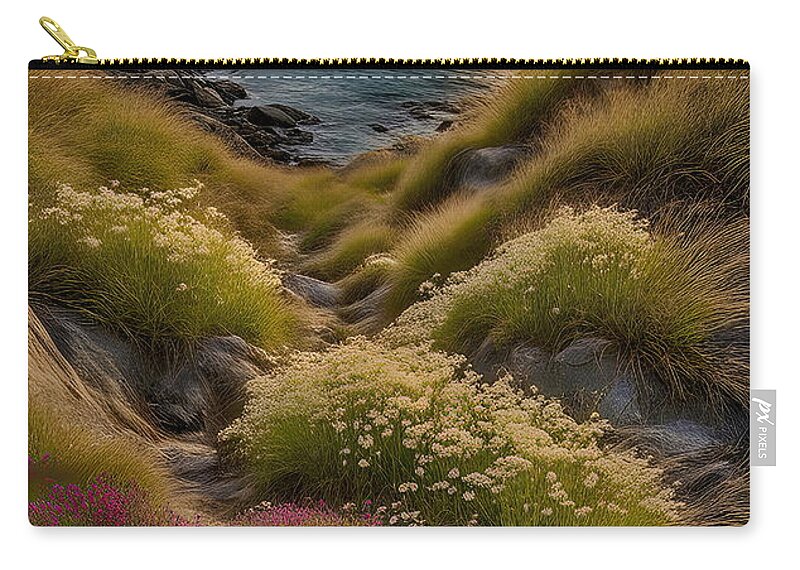 Sunset Zip Pouch featuring the digital art Sunset Serenity - Ocean Reflections and Coastal Flora by Russ Harris