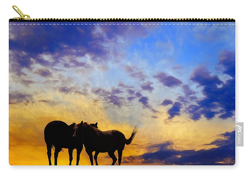 Horse Zip Pouch featuring the photograph Sunset With Horses by Ann Powell