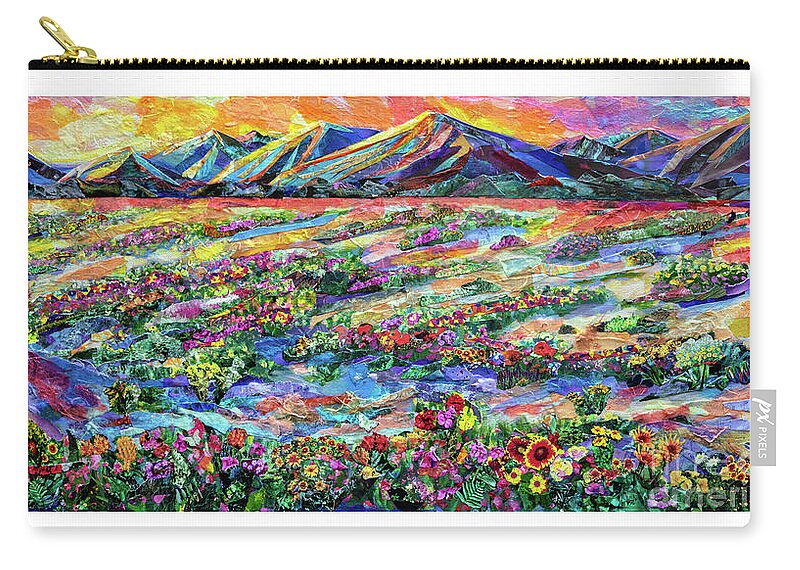 Collage Torn Paper Papers Torn-magazines Paper Mixed Media Colorful Desert Landscape High-desert Mojave Death Valley Death-valley Flower Flowers Deserts Mountain Mountainscollages Analog-collage Analog Zip Pouch featuring the mixed media Superbloom by Li Newton