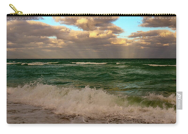 Miami Beach Zip Pouch featuring the photograph Surf, Sunrays and Clouds by Deb Beausoleil