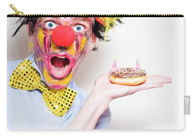 Birthday Zip Pouch featuring the photograph Surprise Happy Birthday Clown Holding Party Cake by Jorgo Photography