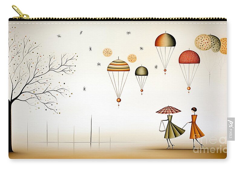 Surreal Zip Pouch featuring the digital art Surreal artwork with two stylized figures under umbrellas. by Odon Czintos