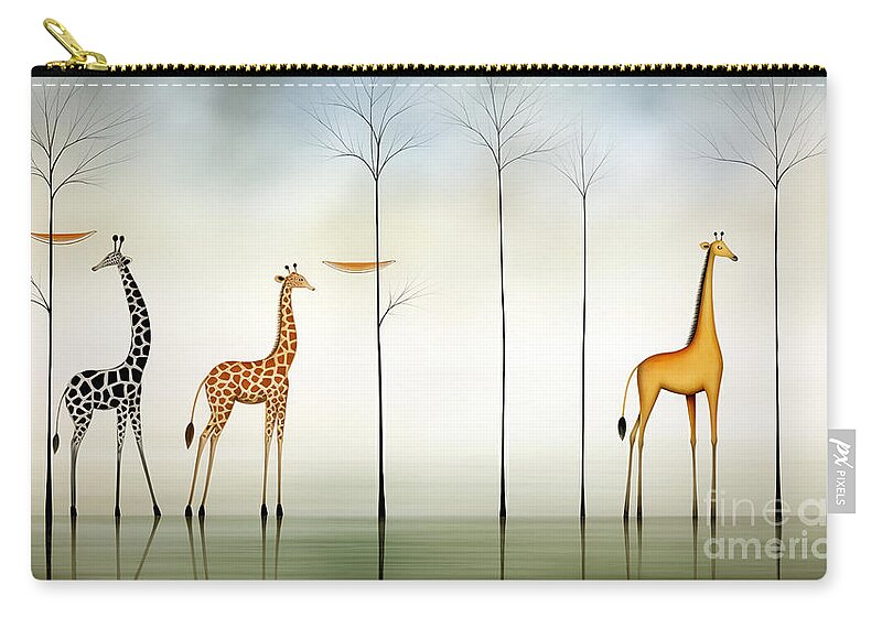 Surreal Zip Pouch featuring the digital art Surreal depiction of giraffes with varying patterns standing next to slender trees. by Odon Czintos